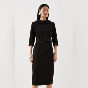 NWT Karen Millen Petite Tailored Structured Crepe Roll Neck Pencil Midi Dress
